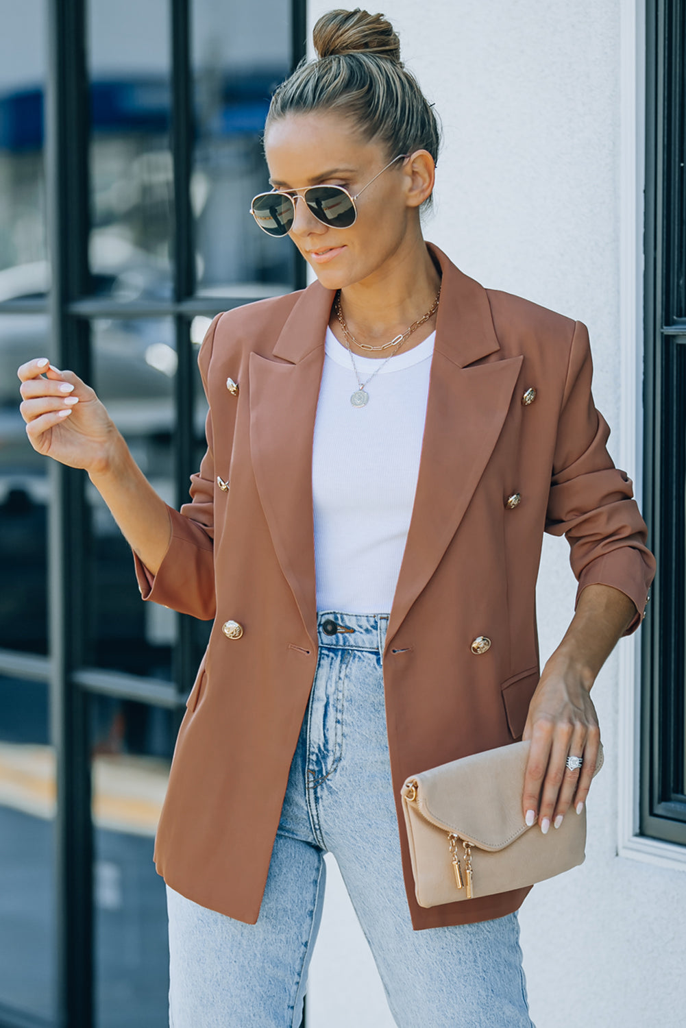Double-Breasted Lapel Collar Long-Sleeve Blazer