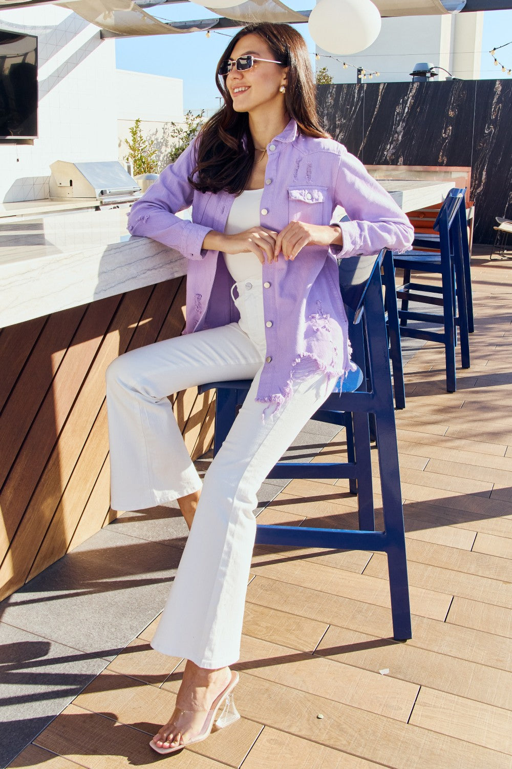 Full-Size Distressed Button Down Denim Lavender Jacket