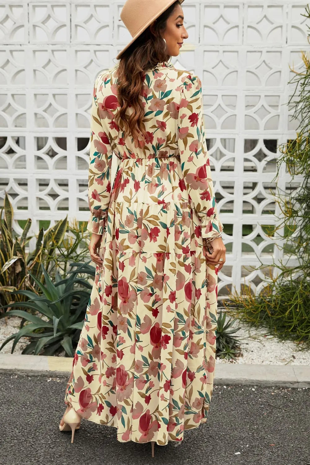 Serenity Floral Frill Trim Flounce Sleeve Plunge Maxi Dress
