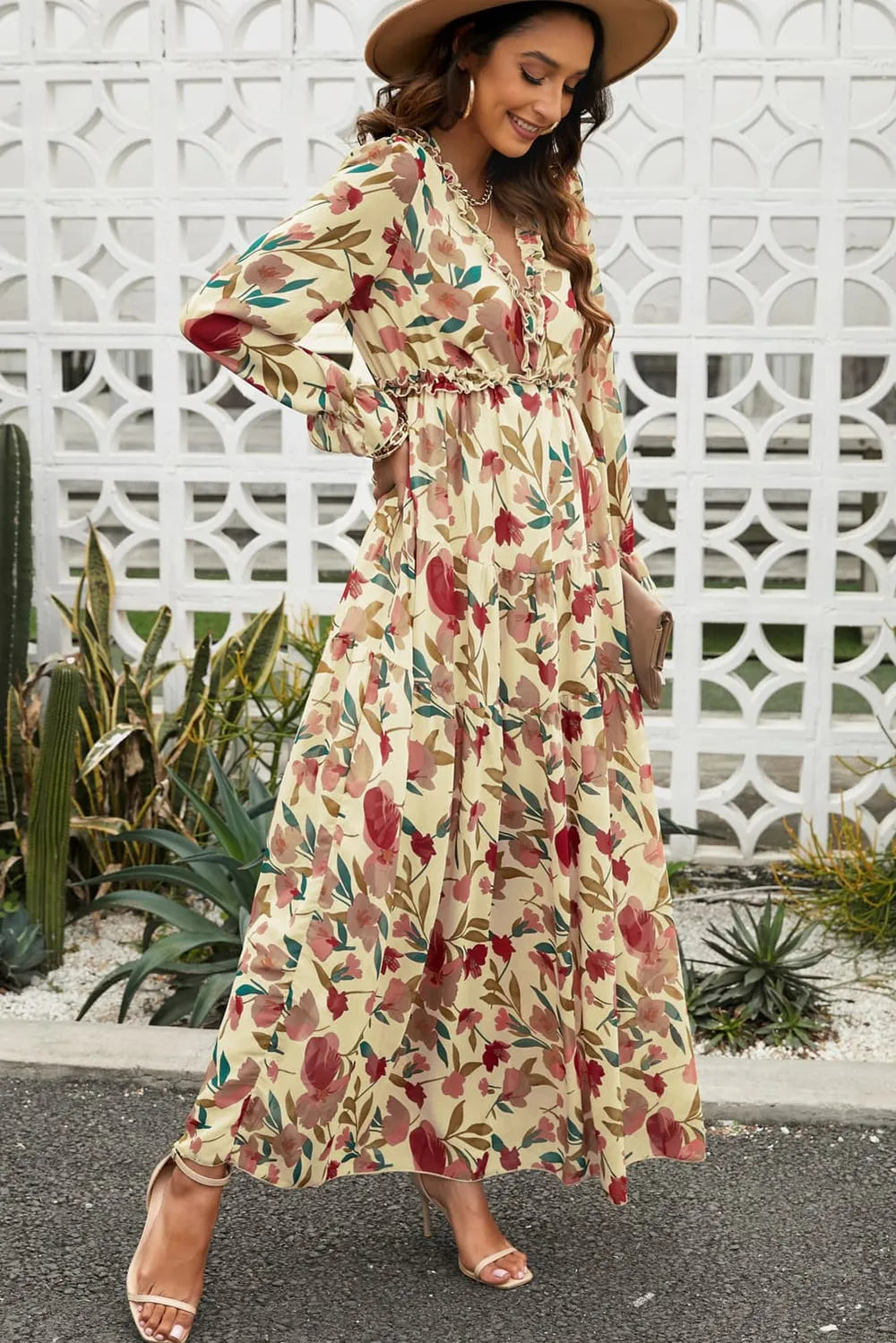 Serenity Floral Frill Trim Flounce Sleeve Plunge Maxi Dress
