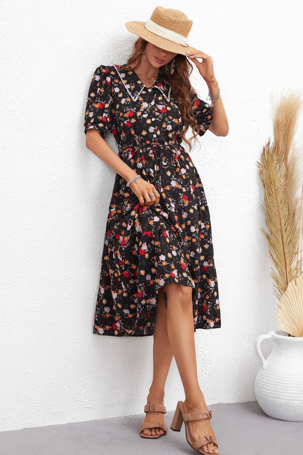 Serenity Honey Floral Collared Neck Puff Sleeve Dress.