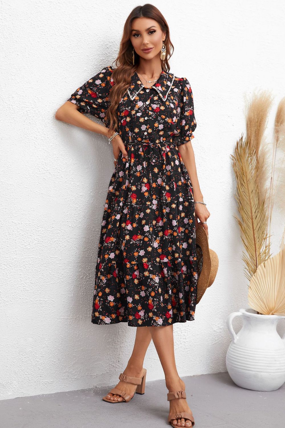 Serenity Honey Floral Collared Neck Puff Sleeve Dress.