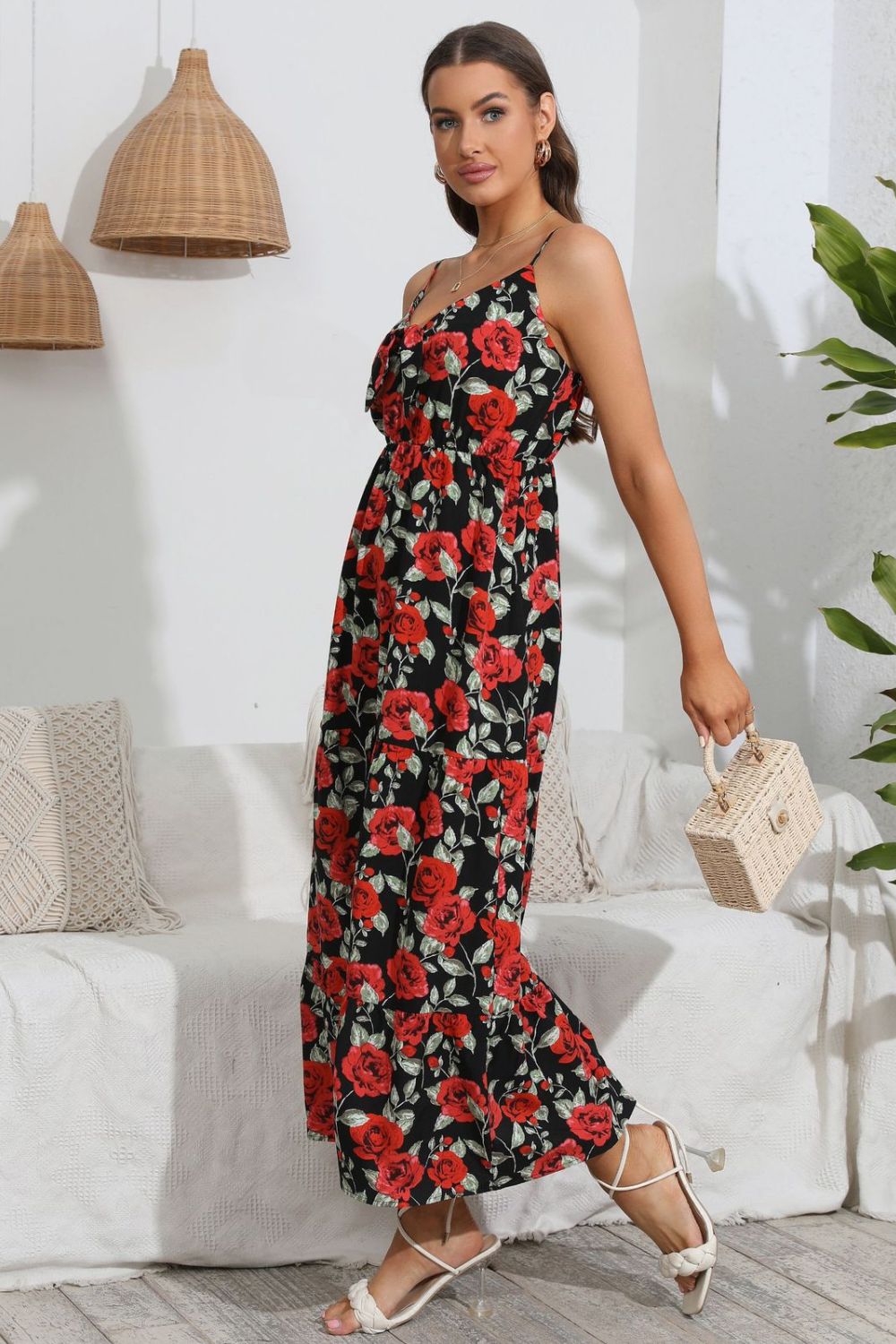 Serenity Rose Print Spaghetti Strap Sweetheart Neck Dress.