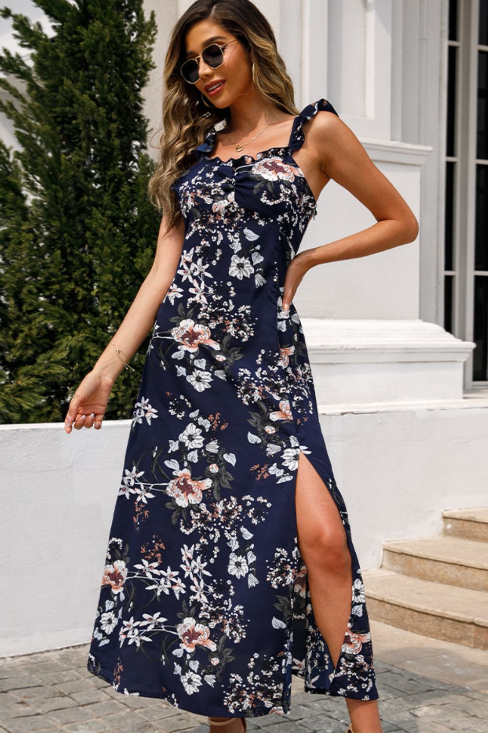 Serenity Floral Print Sleeveless Square Neck Slit Midi Dress.