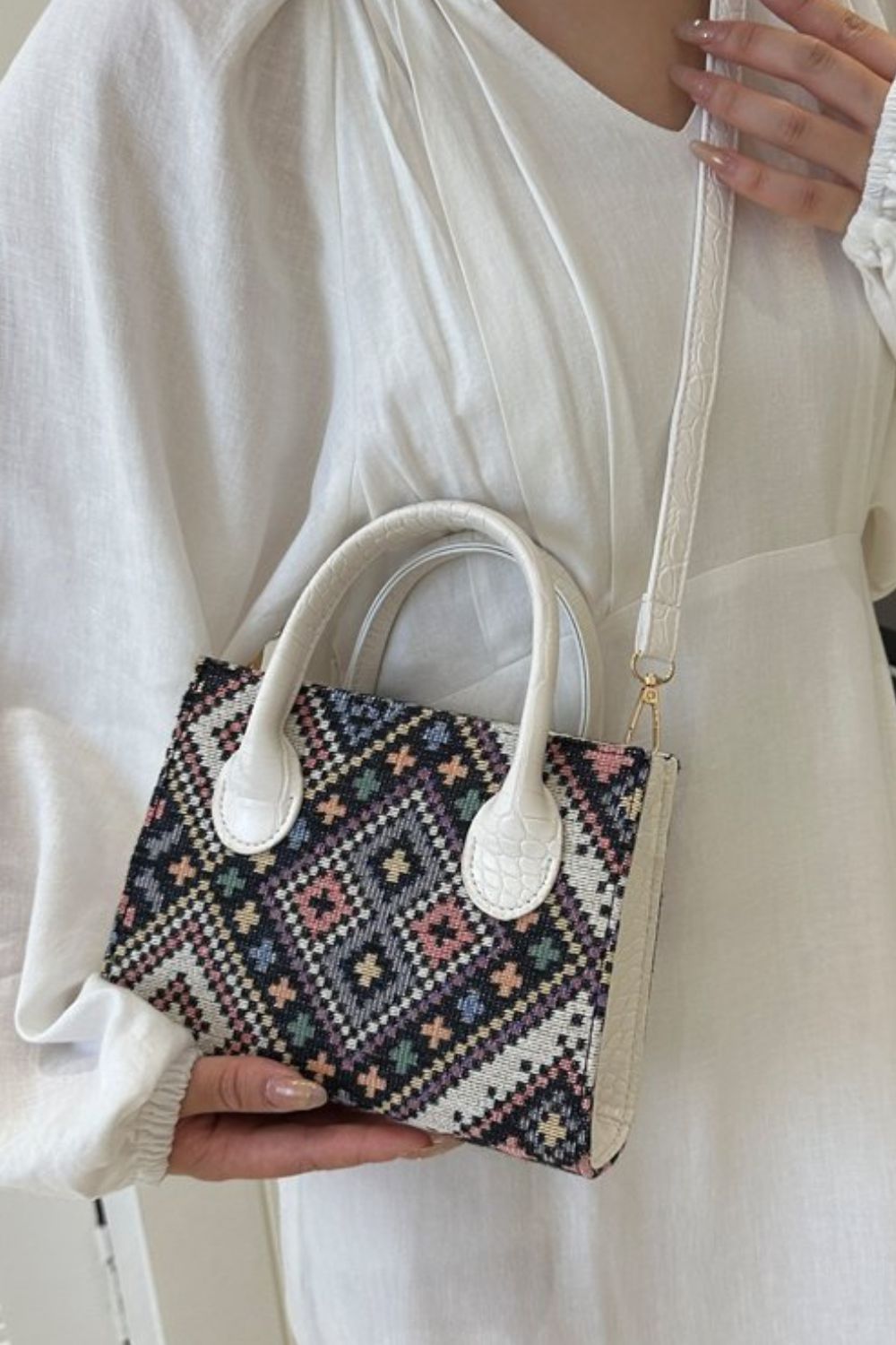 Geometric Leather Strap Handbag.