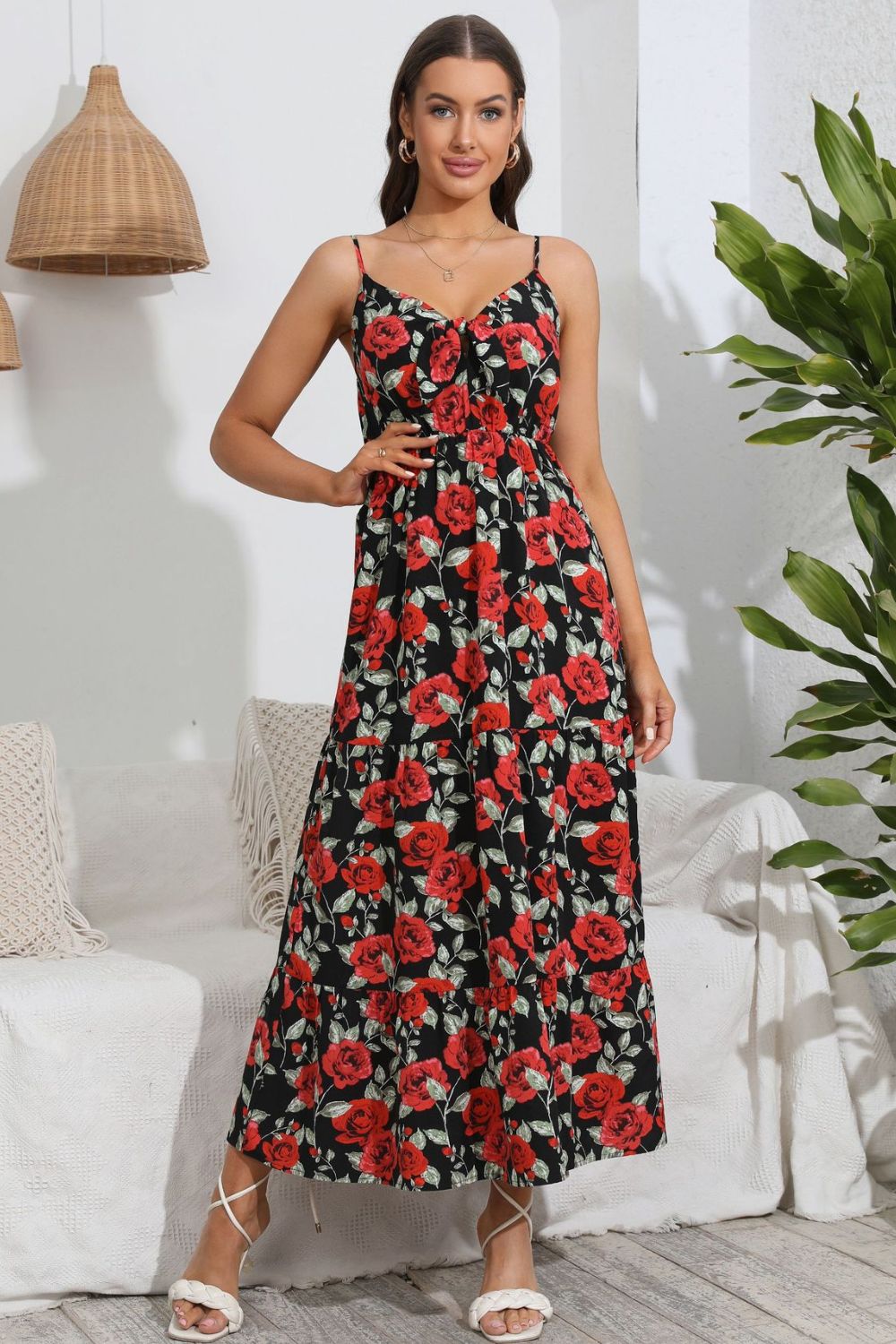 Serenity Rose Print Spaghetti Strap Sweetheart Neck Dress.