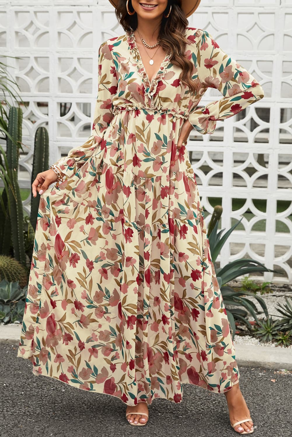 Serenity Floral Frill Trim Flounce Sleeve Plunge Maxi Dress
