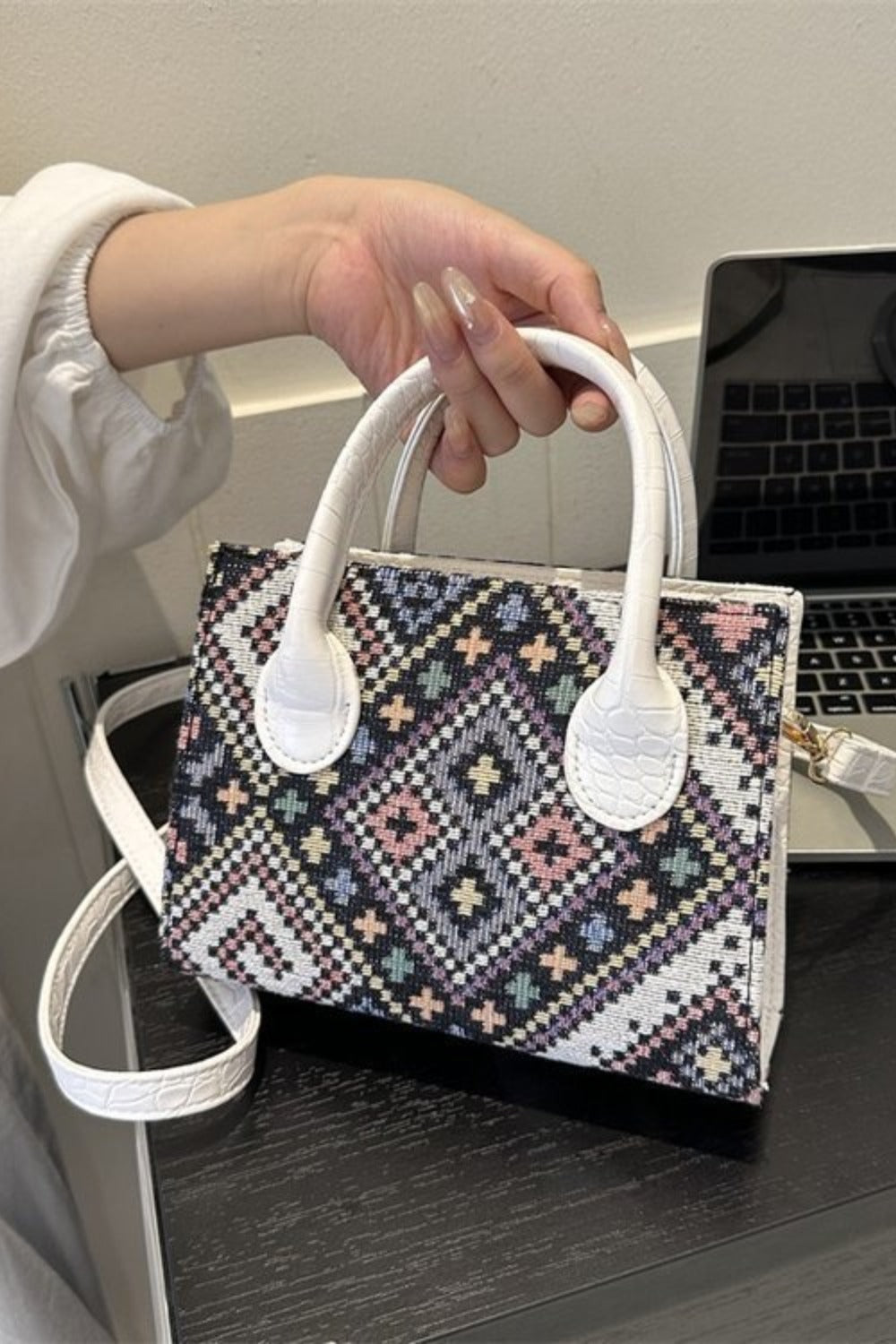 Geometric Leather Strap Handbag.