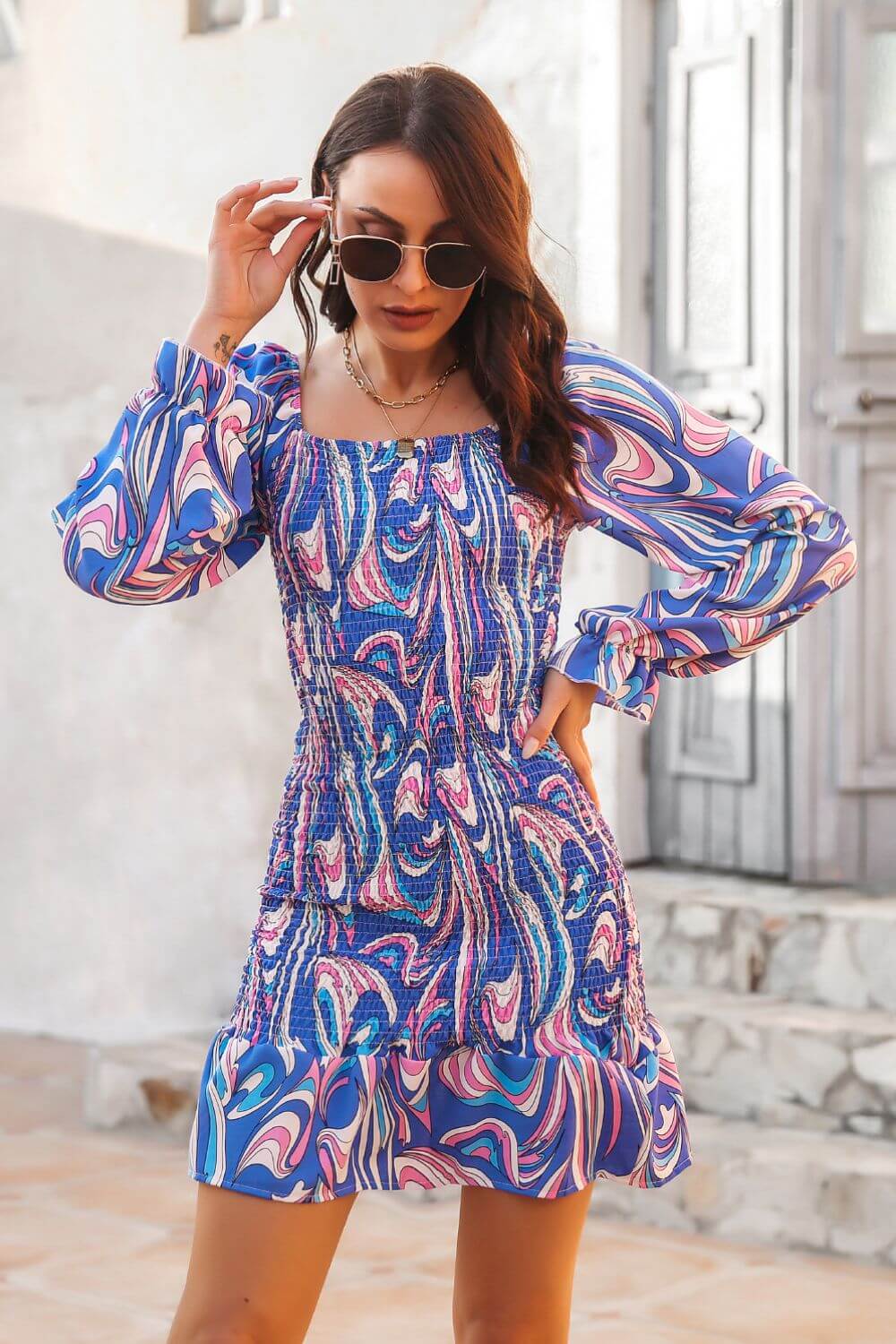 Serenity Abstract Print Square Neck Smocked Dress