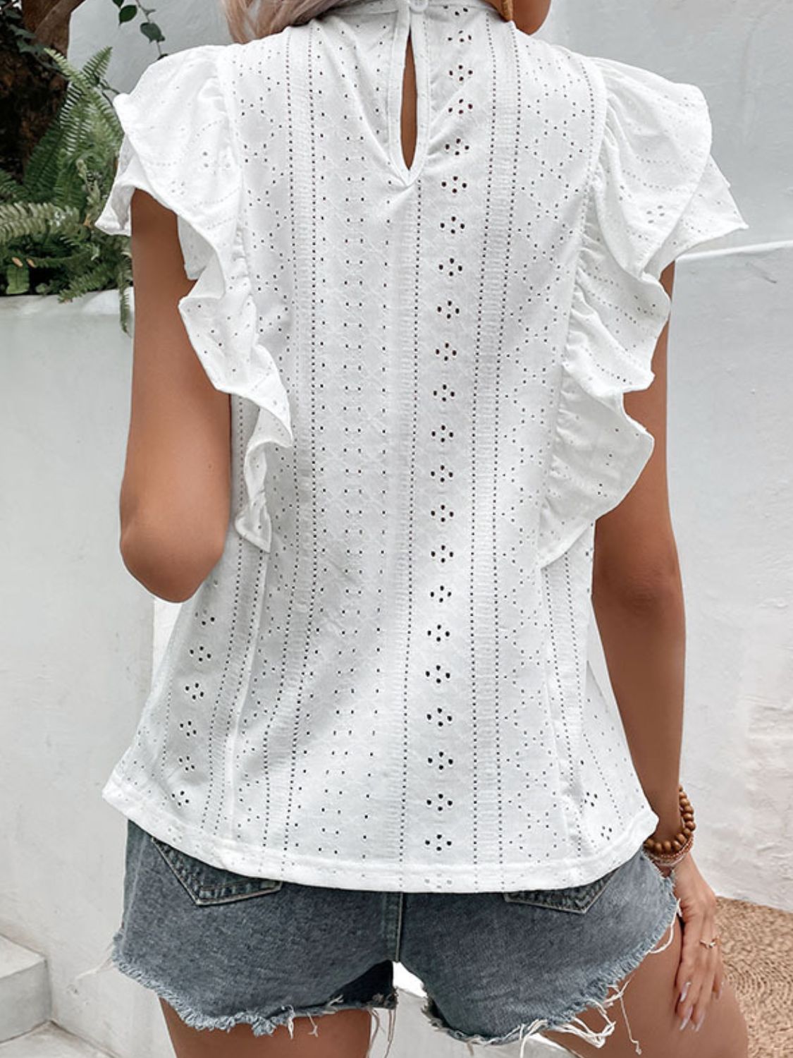 Eyelet Butterfly Sleeve Round Neck Blouse