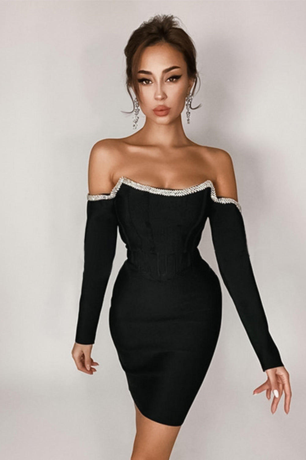 off-shoulder long sleeve mini dress with rhinestone detail