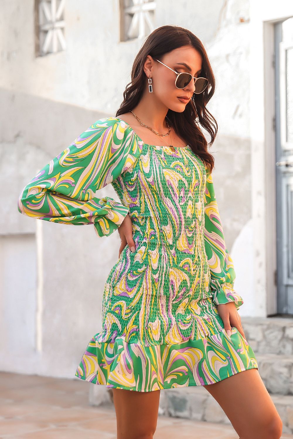 Serenity Abstract Print Square Neck Smocked Dress