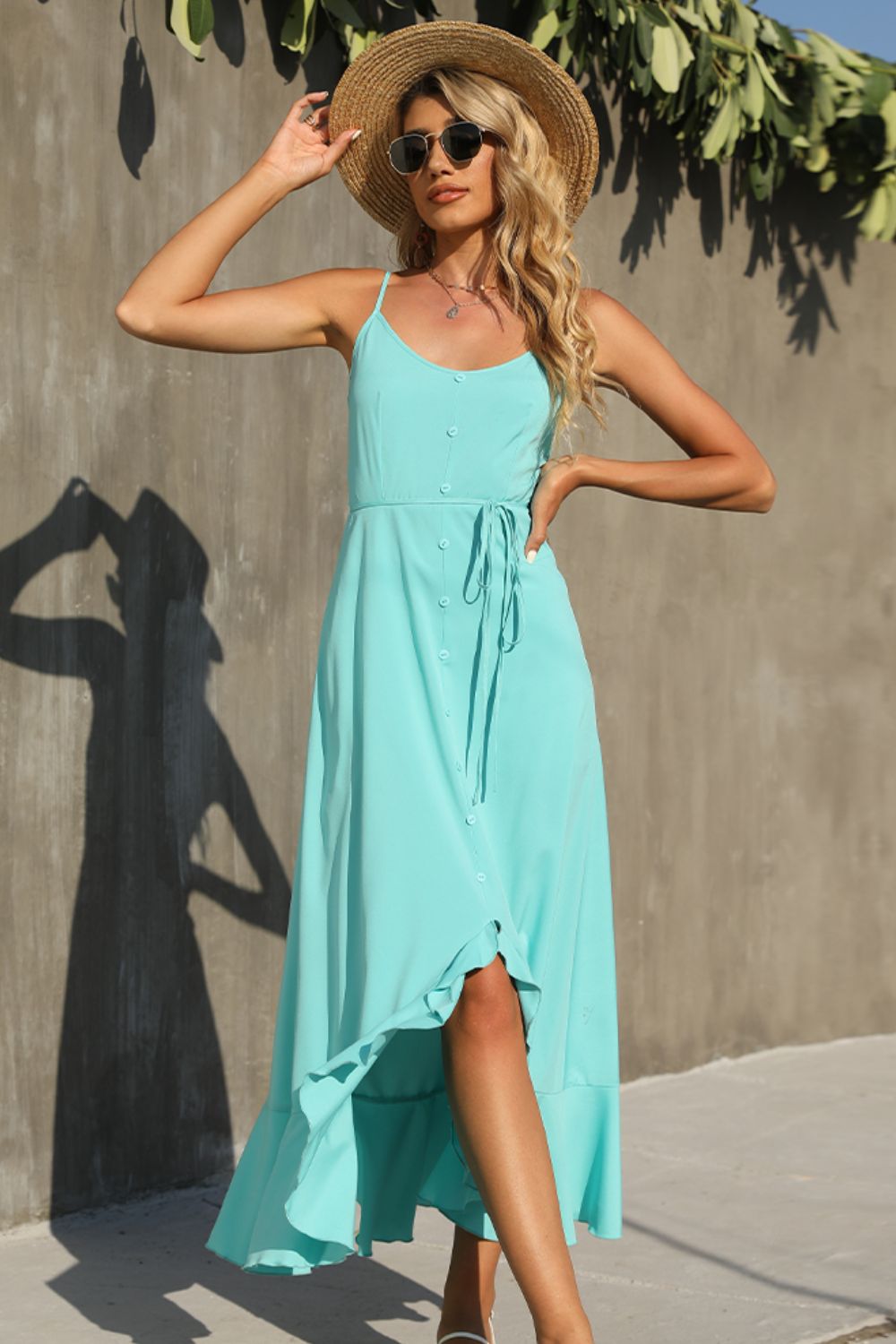 Serenity Decorative Button Spaghetti Strap Ruffle Hem Dress