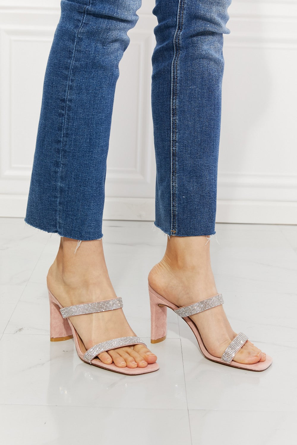 Leave a Little Sparkle Rhinestone Pink Block Heel Sandals