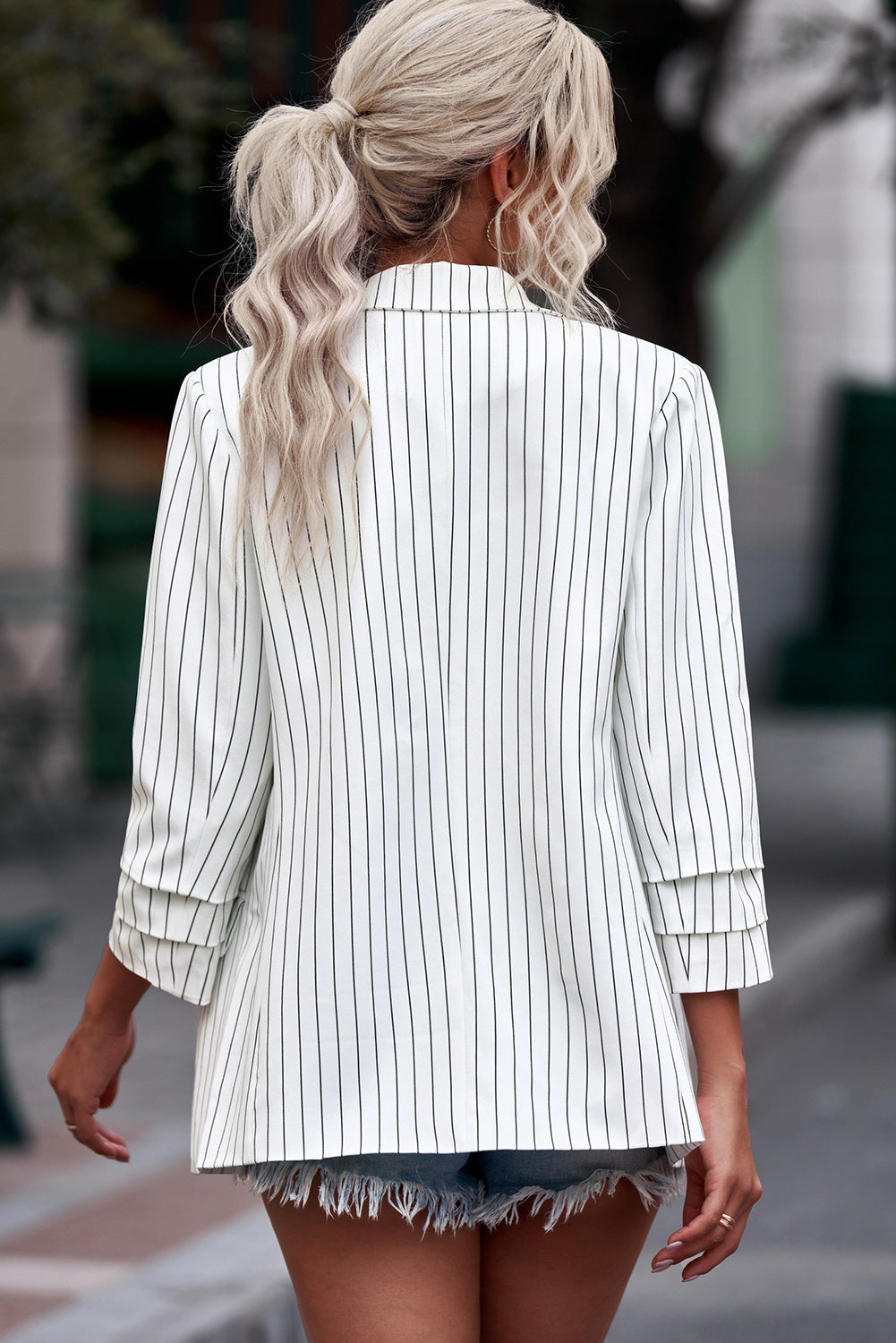 Striped Double-Breasted Long-Sleeve Blazer