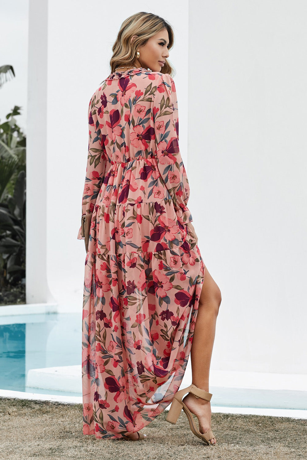 Serenity Floral Frill Trim Flounce Sleeve Plunge Maxi Dress