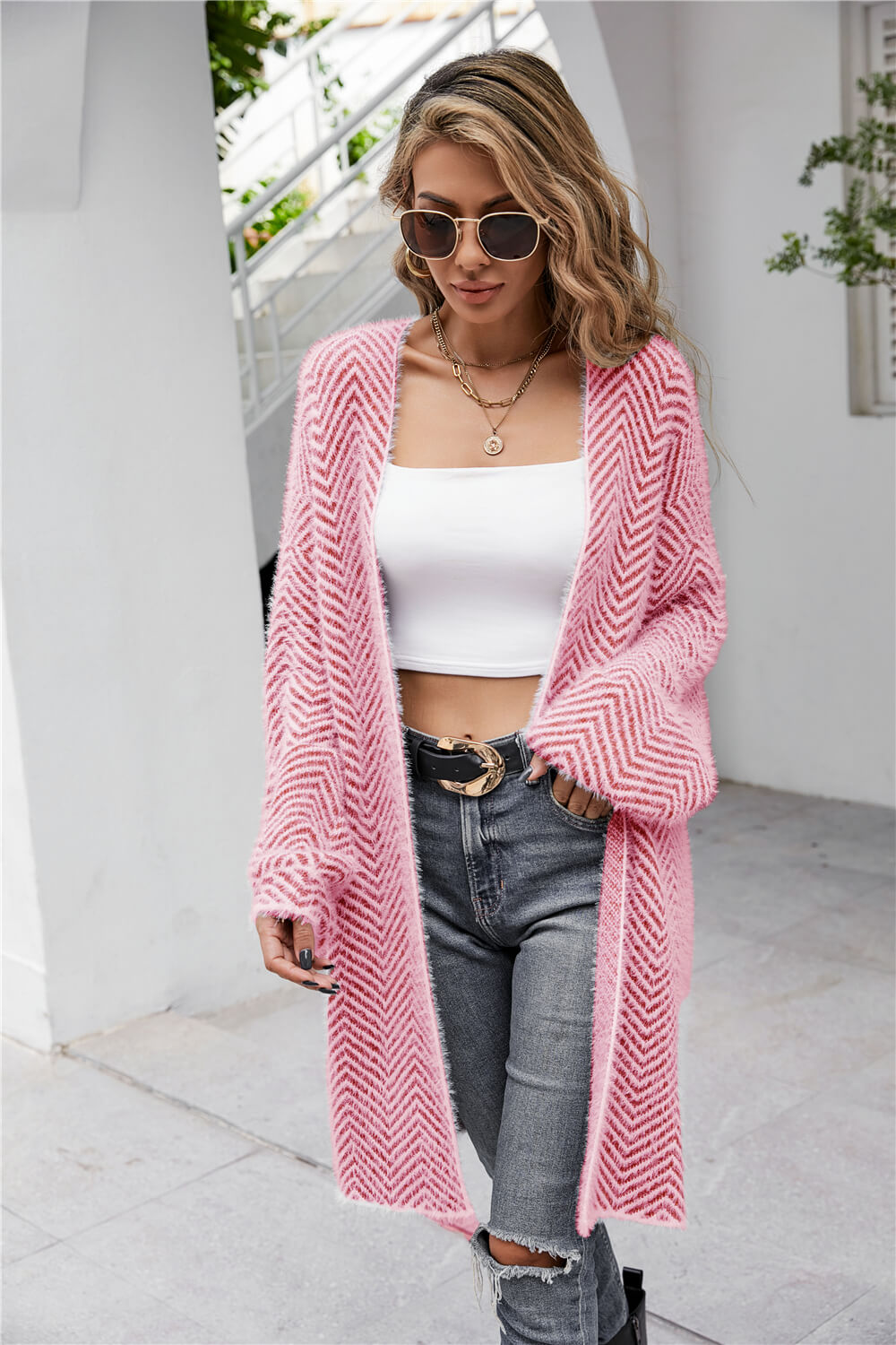 Herringbone Pattern Open Front Longline Fuzzy Cardigan