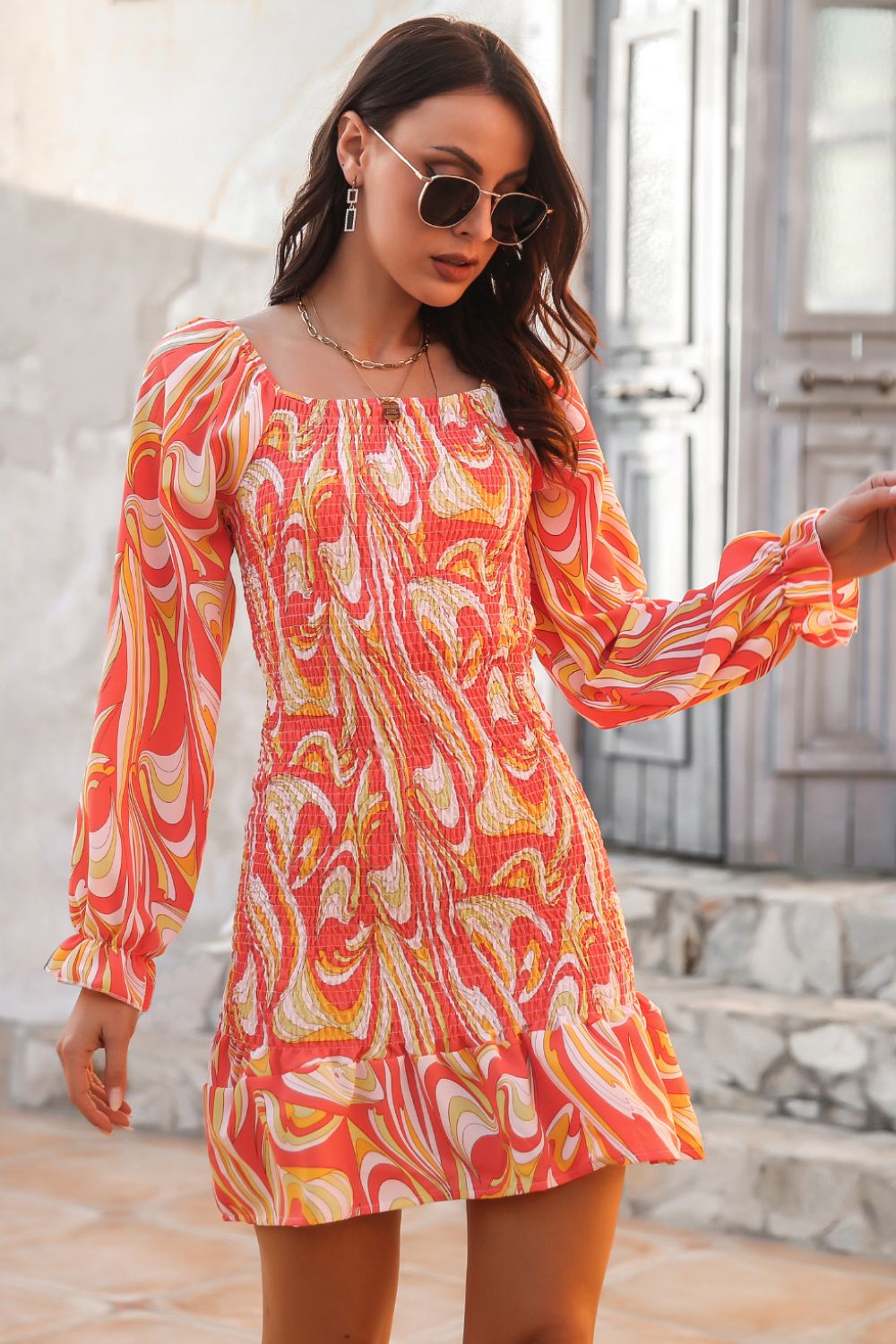 Serenity Abstract Print Square Neck Smocked Dress