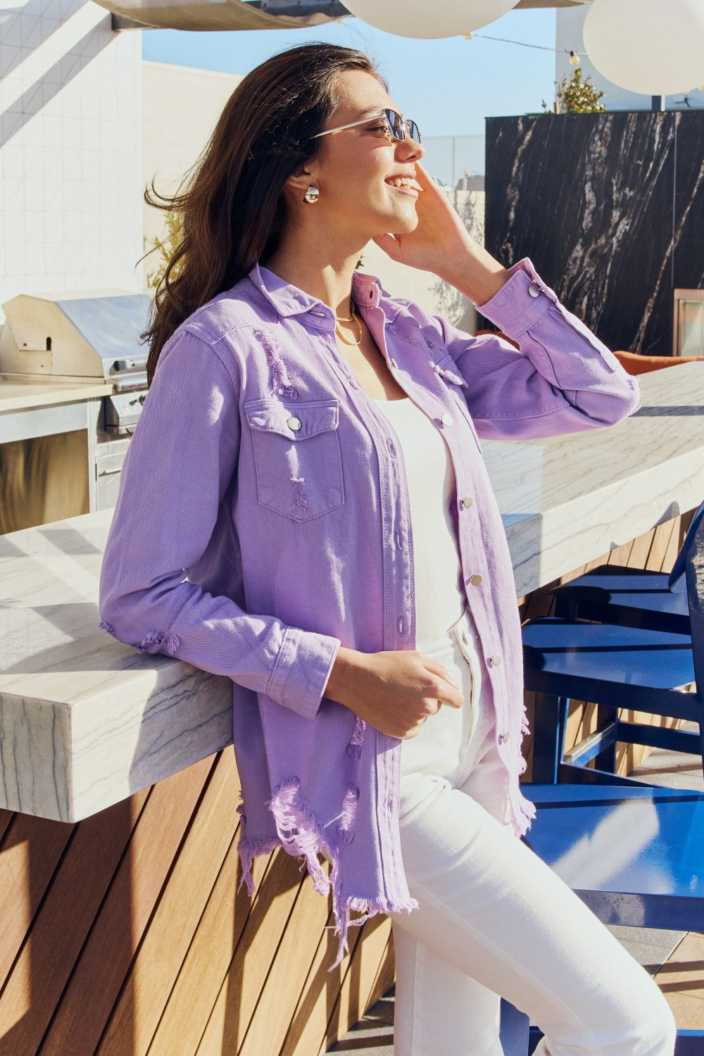Full-Size Distressed Button Down Denim Lavender Jacket