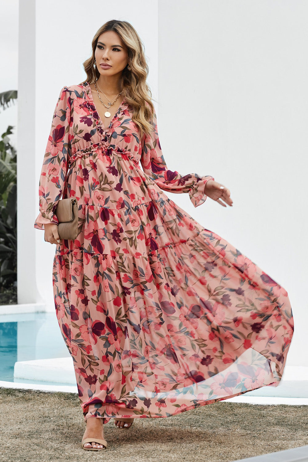 Serenity Floral Frill Trim Flounce Sleeve Plunge Maxi Dress