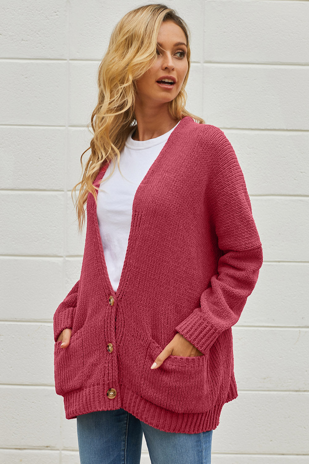 Button Front Plunge Cardigan With Pockets