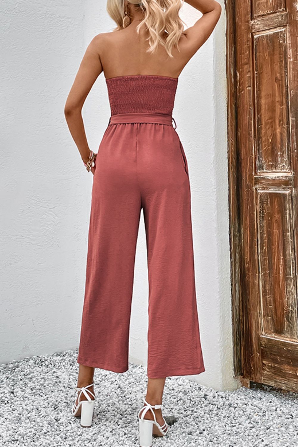 Decorative Button Strapless Smocked Jumpsuit