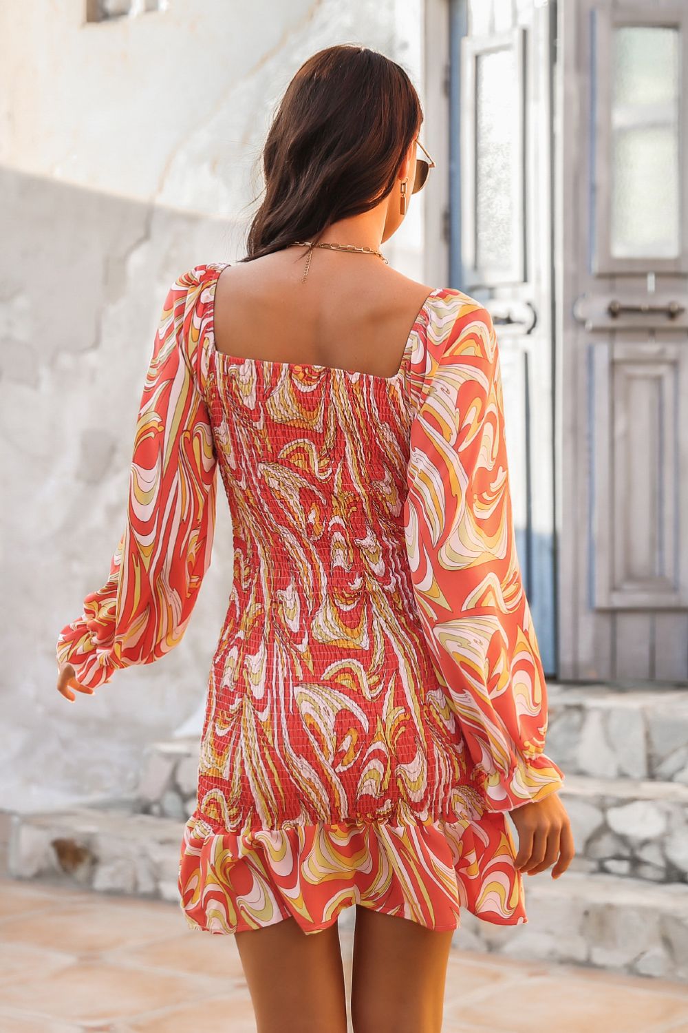 Serenity Abstract Print Square Neck Smocked Dress