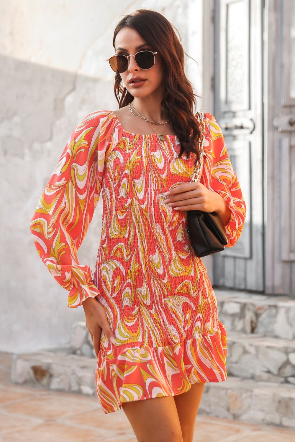 Serenity Abstract Print Square Neck Smocked Dress