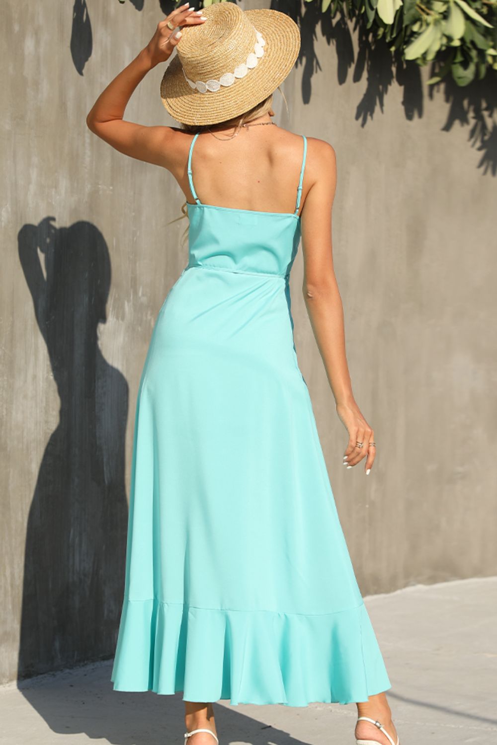 Serenity Decorative Button Spaghetti Strap Ruffle Hem Dress