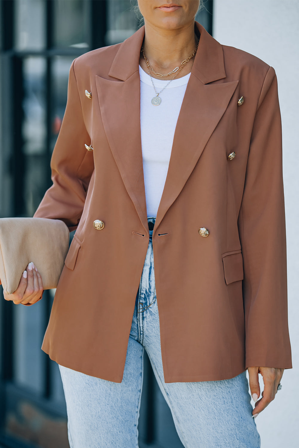 Double-Breasted Lapel Collar Long-Sleeve Blazer