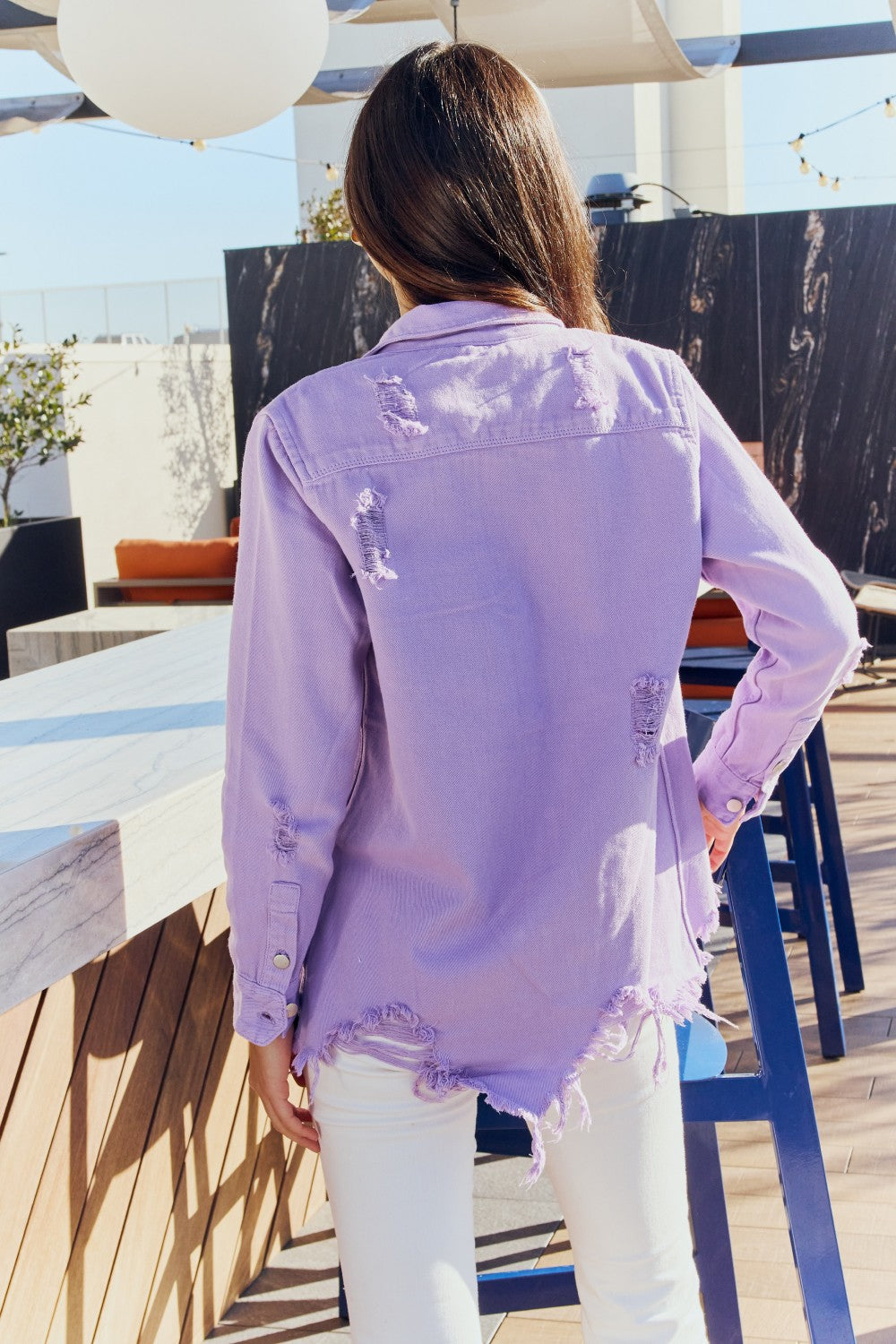 Full-Size Distressed Button Down Denim Lavender Jacket