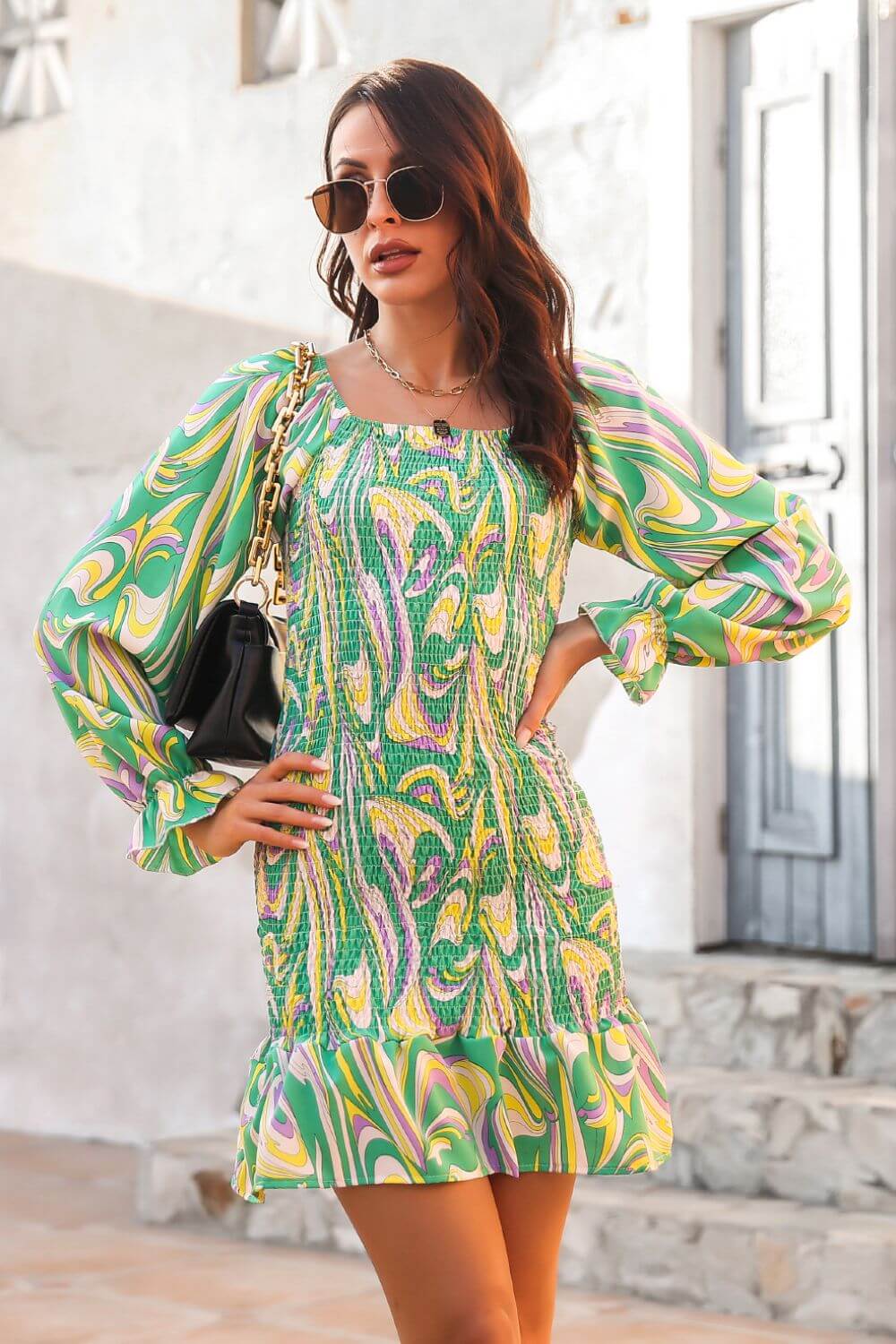 Serenity Abstract Print Square Neck Smocked Dress