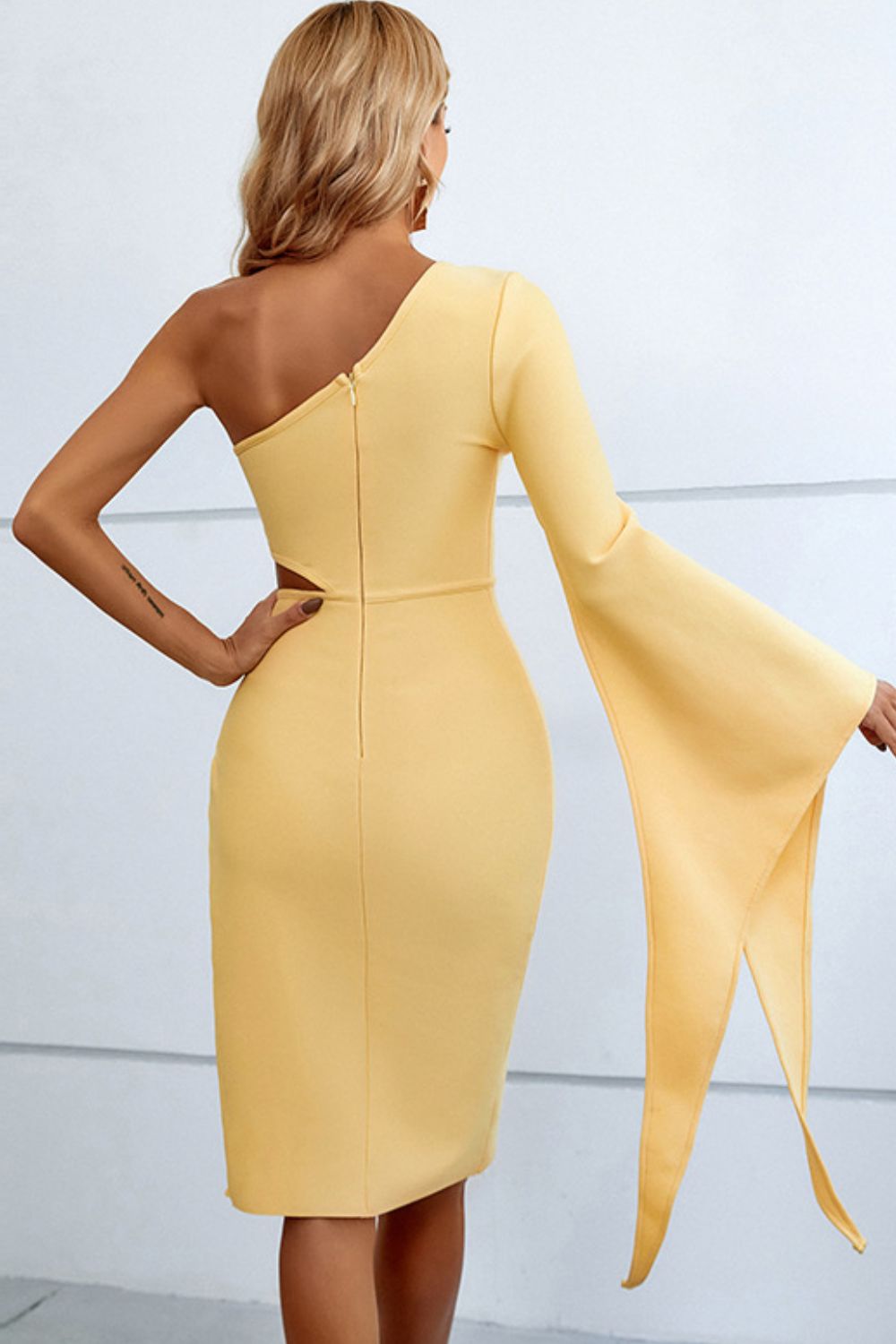 Cutout Split Flare Sleeve One-Shoulder Dress