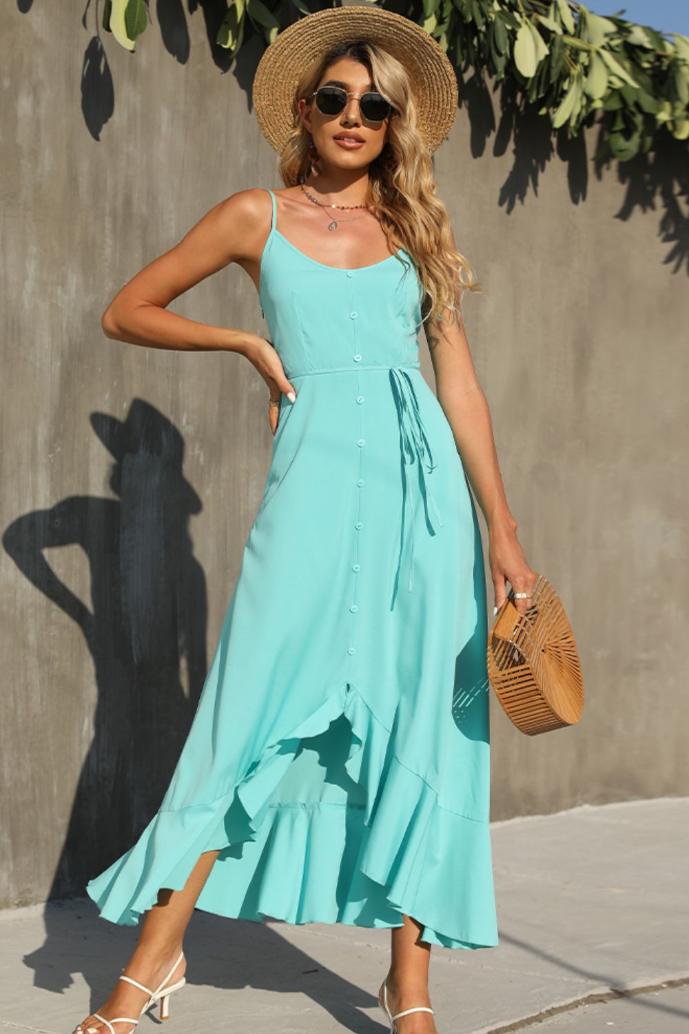 Serenity Decorative Button Spaghetti Strap Ruffle Hem Dress