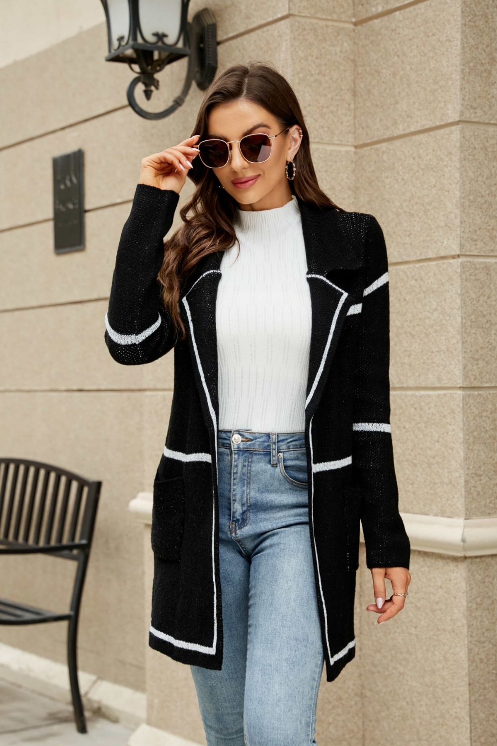 Striped Contrast Open Front Lapel Collar Cardigan