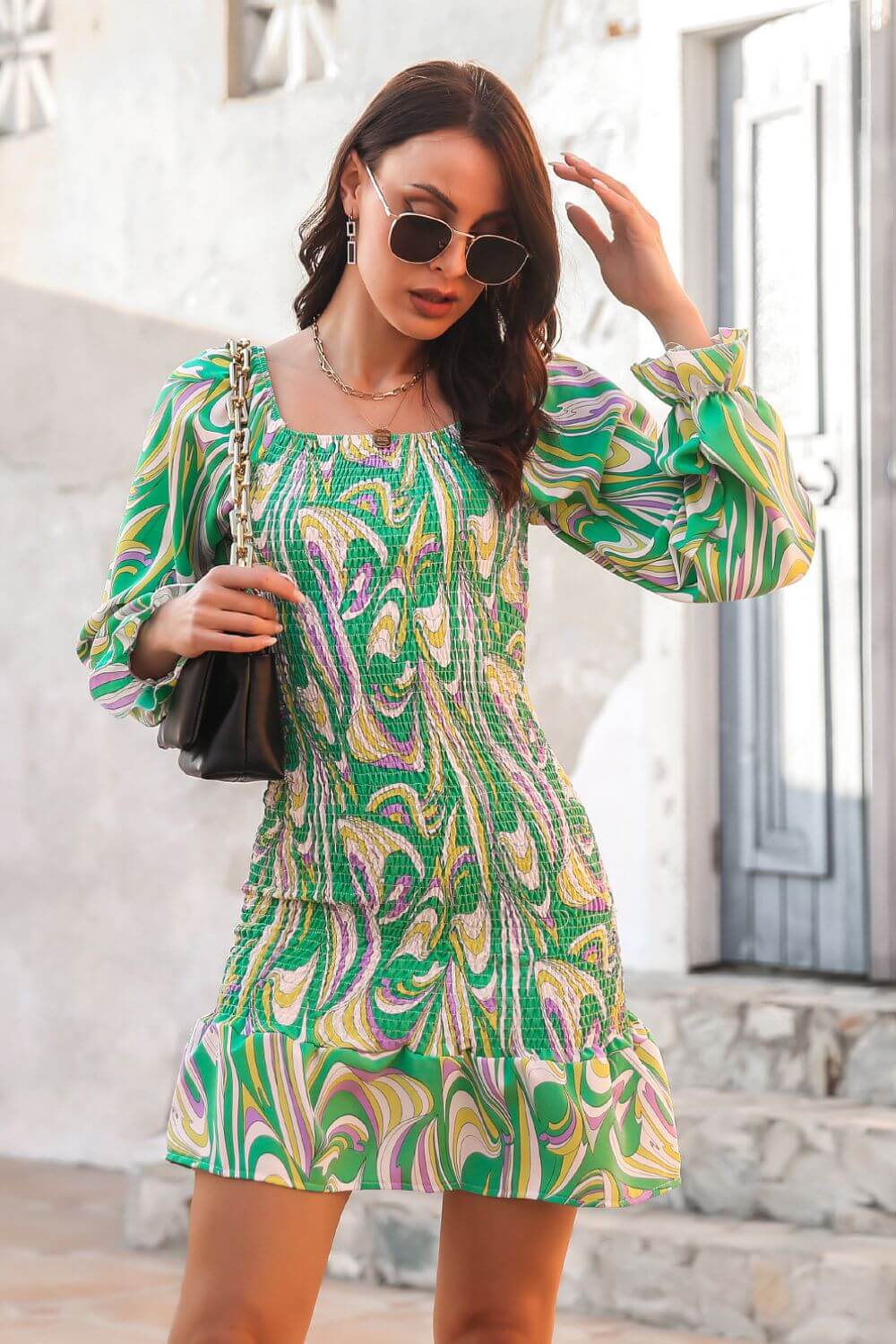 Serenity Abstract Print Square Neck Smocked Dress