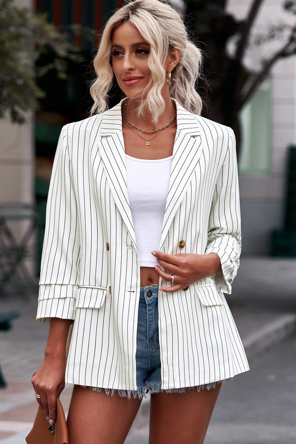 Striped Double-Breasted Long-Sleeve Blazer