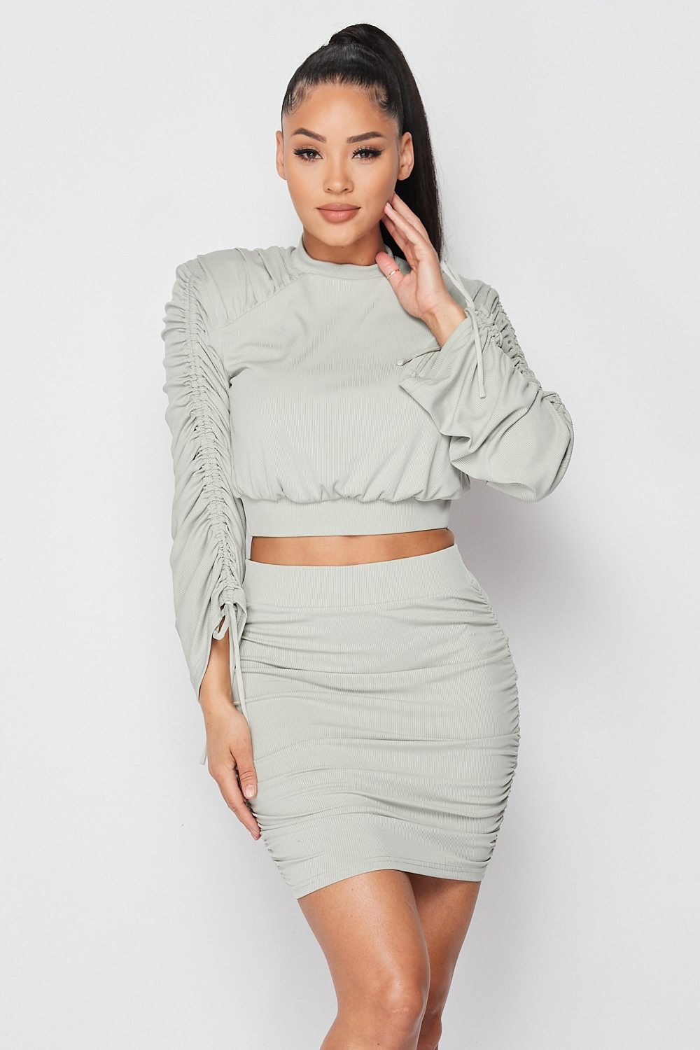 Ruched Long-Sleeve and Skirt Set