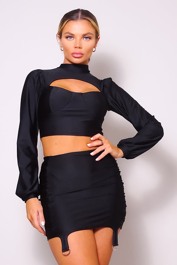 Puff Long Sleeve Front Cutout Turtleneck Blouse & Side Ruched Garter Mini Skirt Set