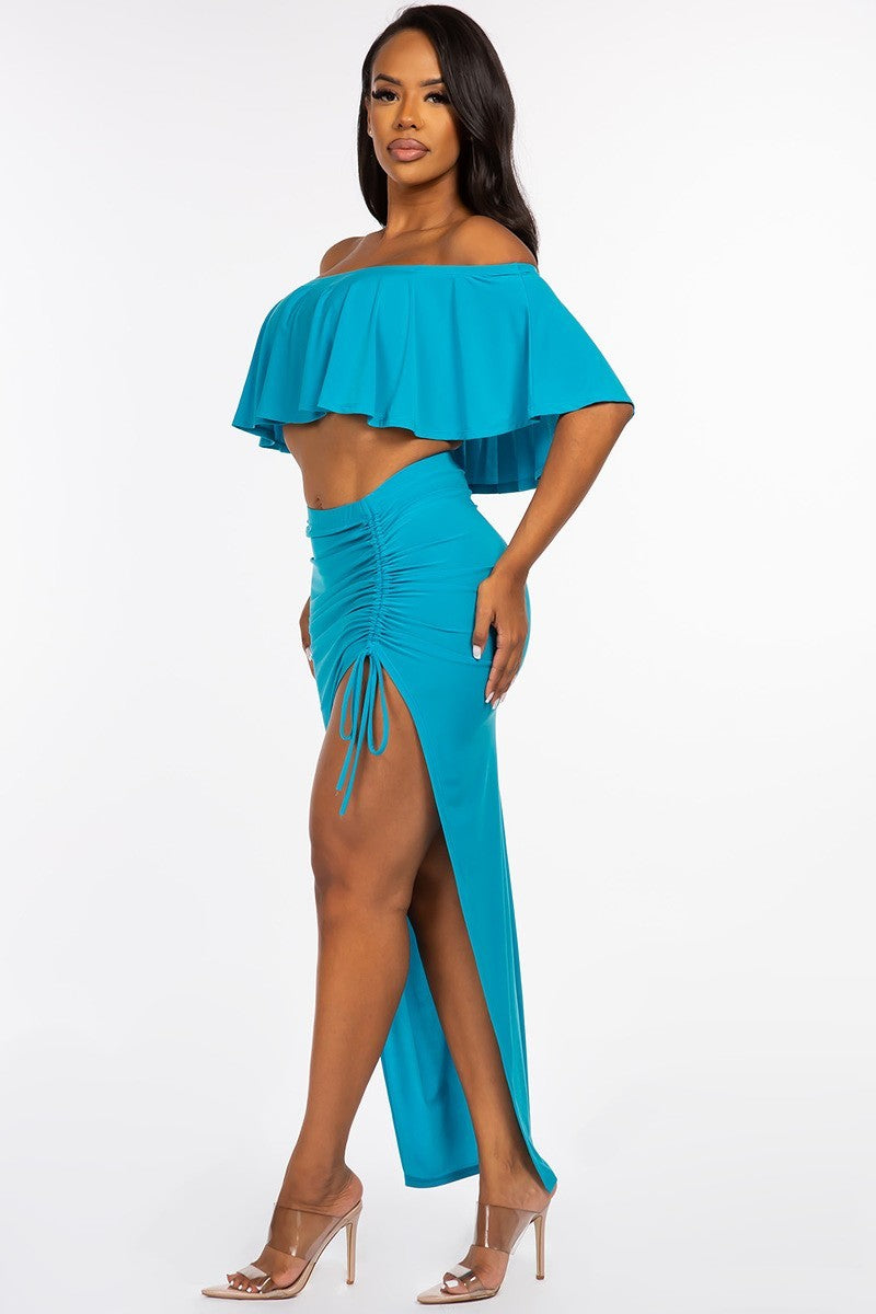 Solid Ity Off The Shoulder Ruffled Cropped Top and Ruched Maxi Skirt Two Piece Set