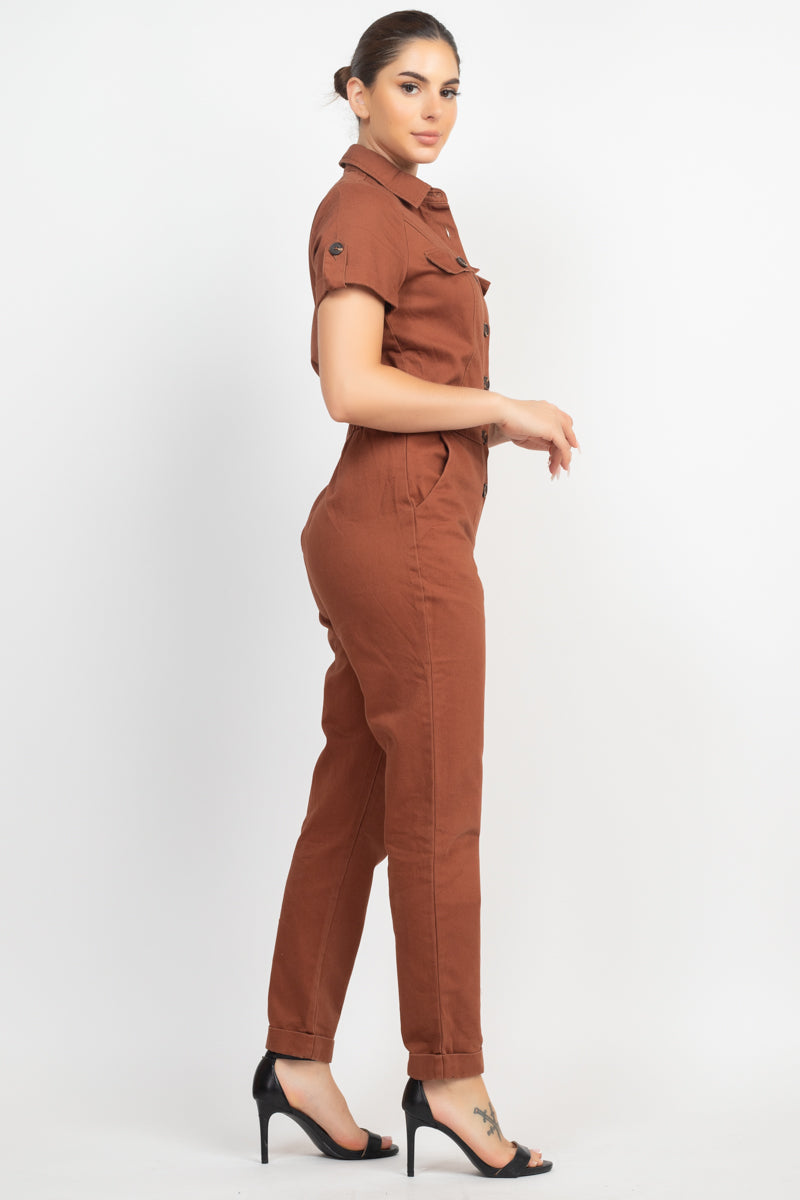 Collared Front-Button Jumpsuit