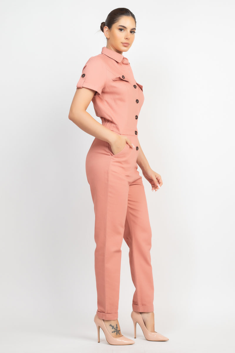 Collared Front-Button Jumpsuit