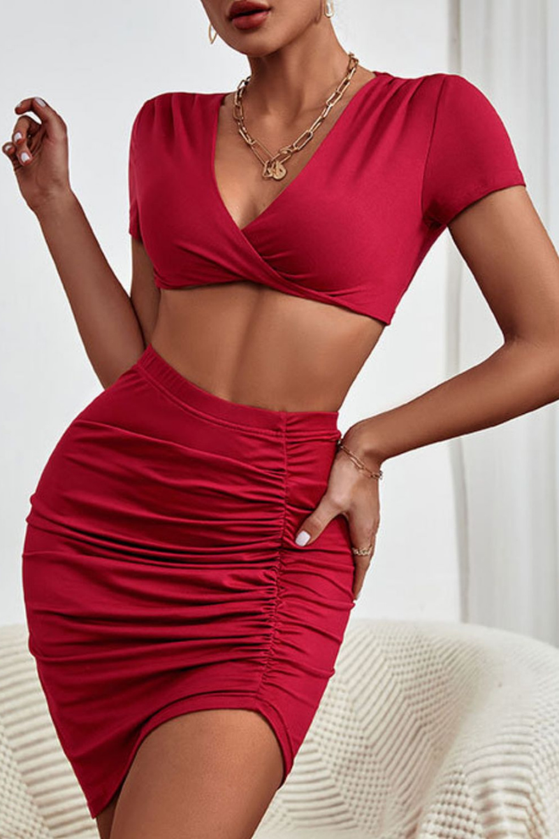 twisted deep v cropped top and ruched skirt set