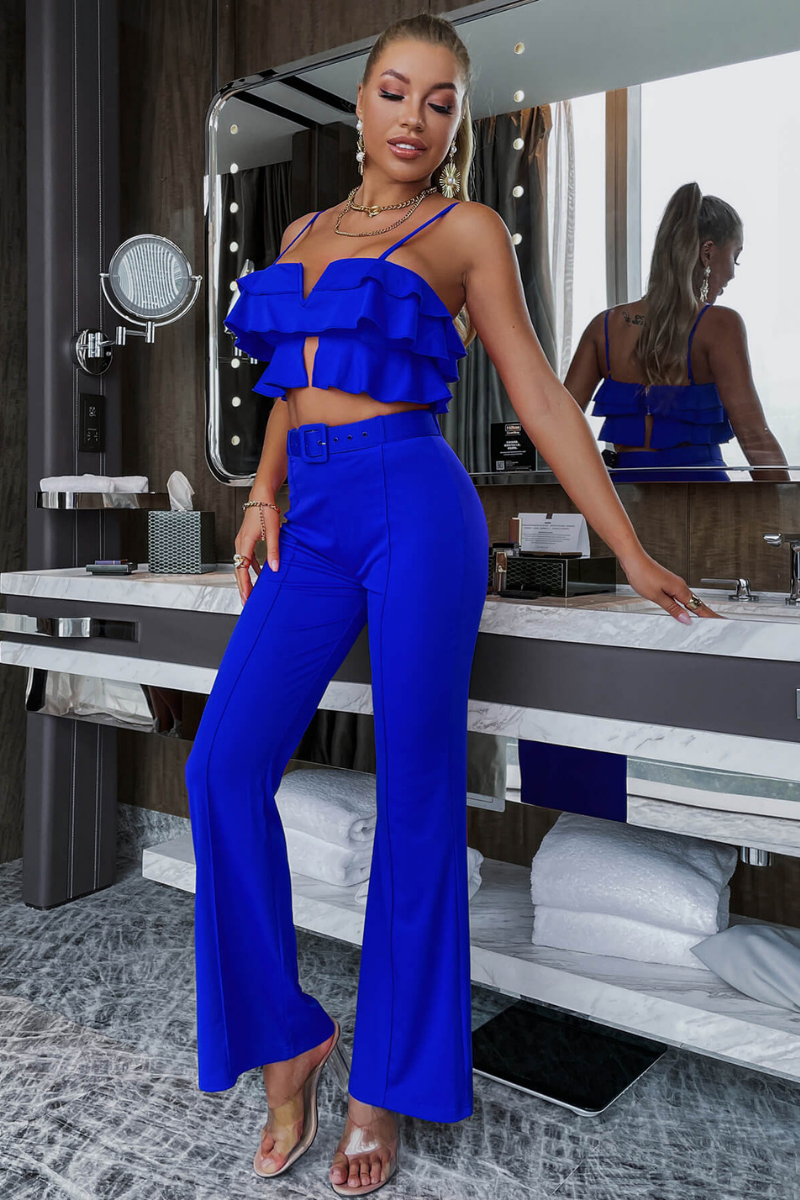 layered cami and belted flared pants set