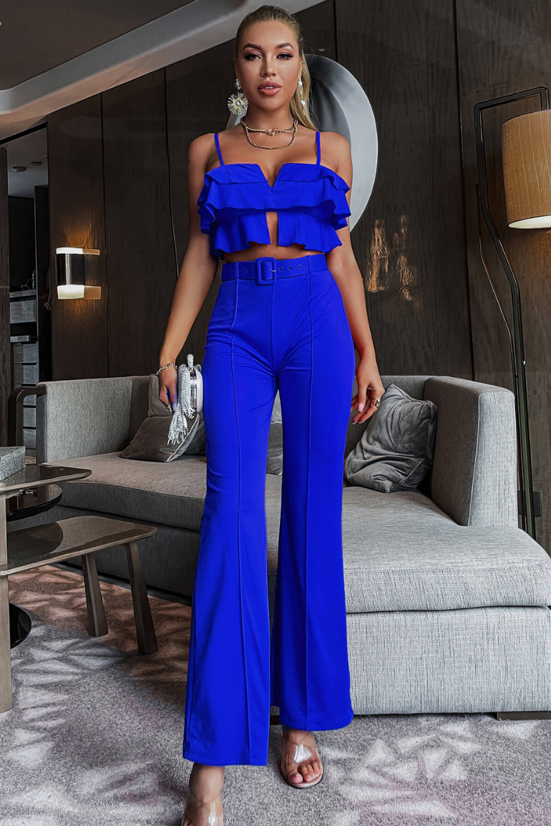 layered cami and belted flared pants set