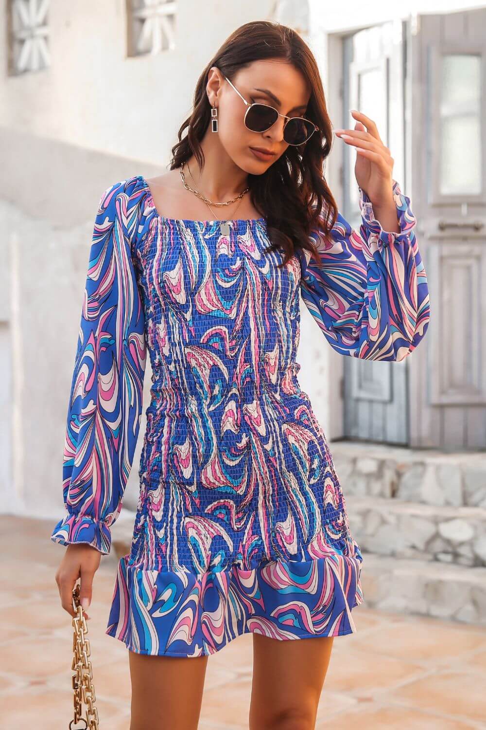 Serenity Abstract Print Square Neck Smocked Dress