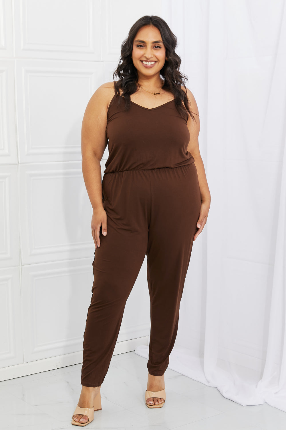 Casual Full Size Solid Elastic Waistband Jumpsuit