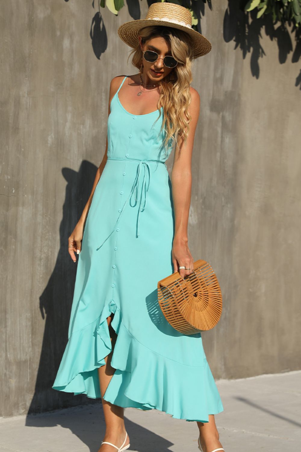 Serenity Decorative Button Spaghetti Strap Ruffle Hem Dress