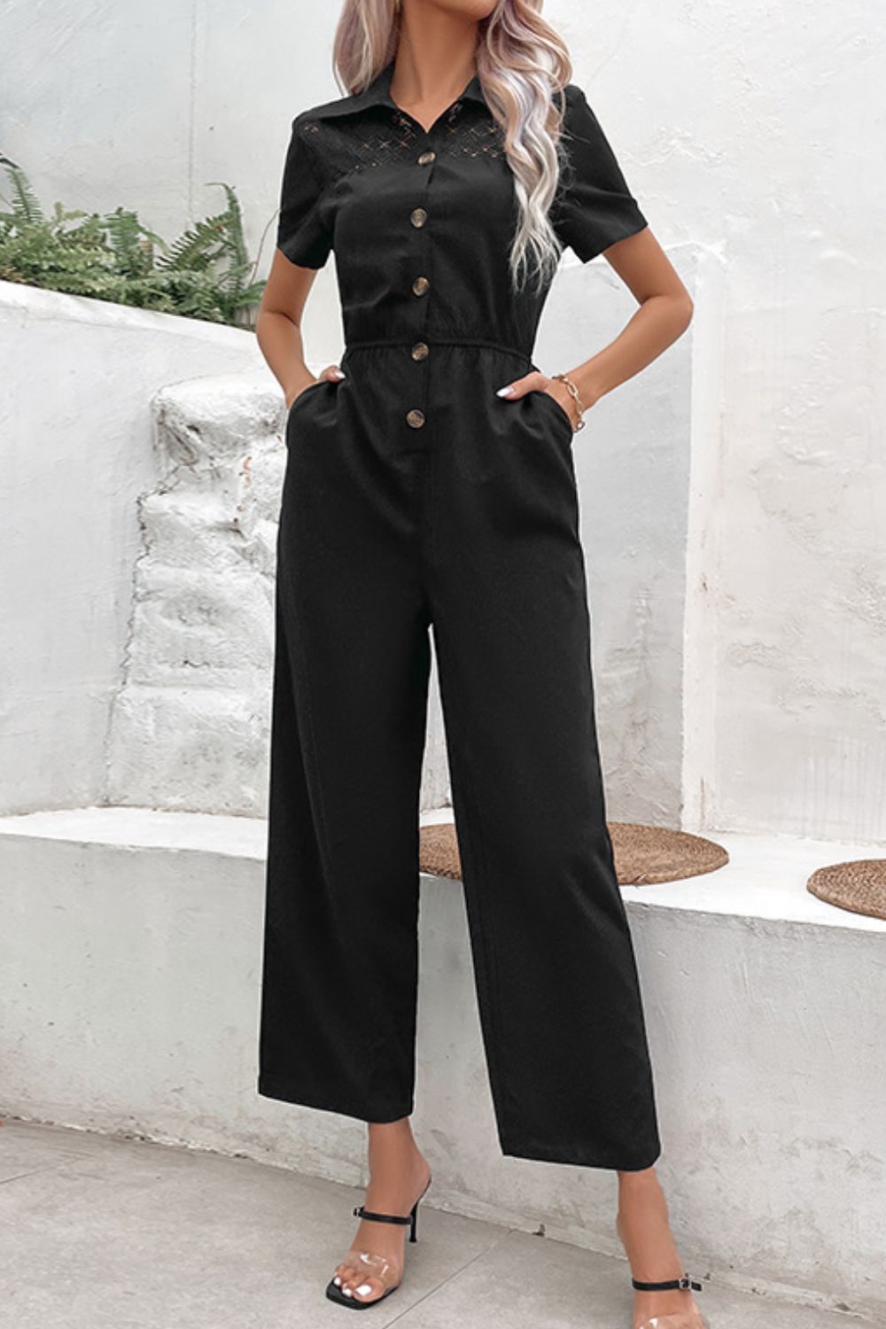 Collared Neck Short-Sleeve Jumpsuit