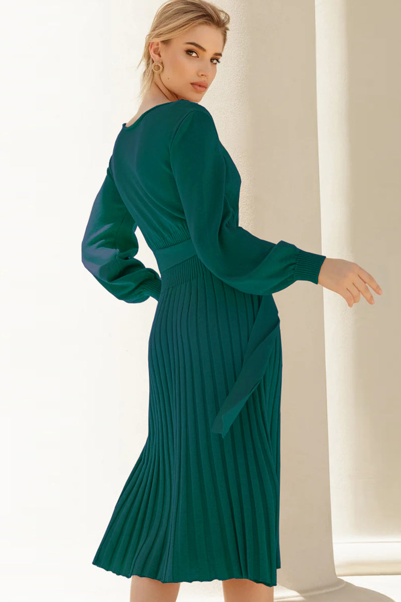 Round Neck Long-Sleeve Pleated Sweater Dress